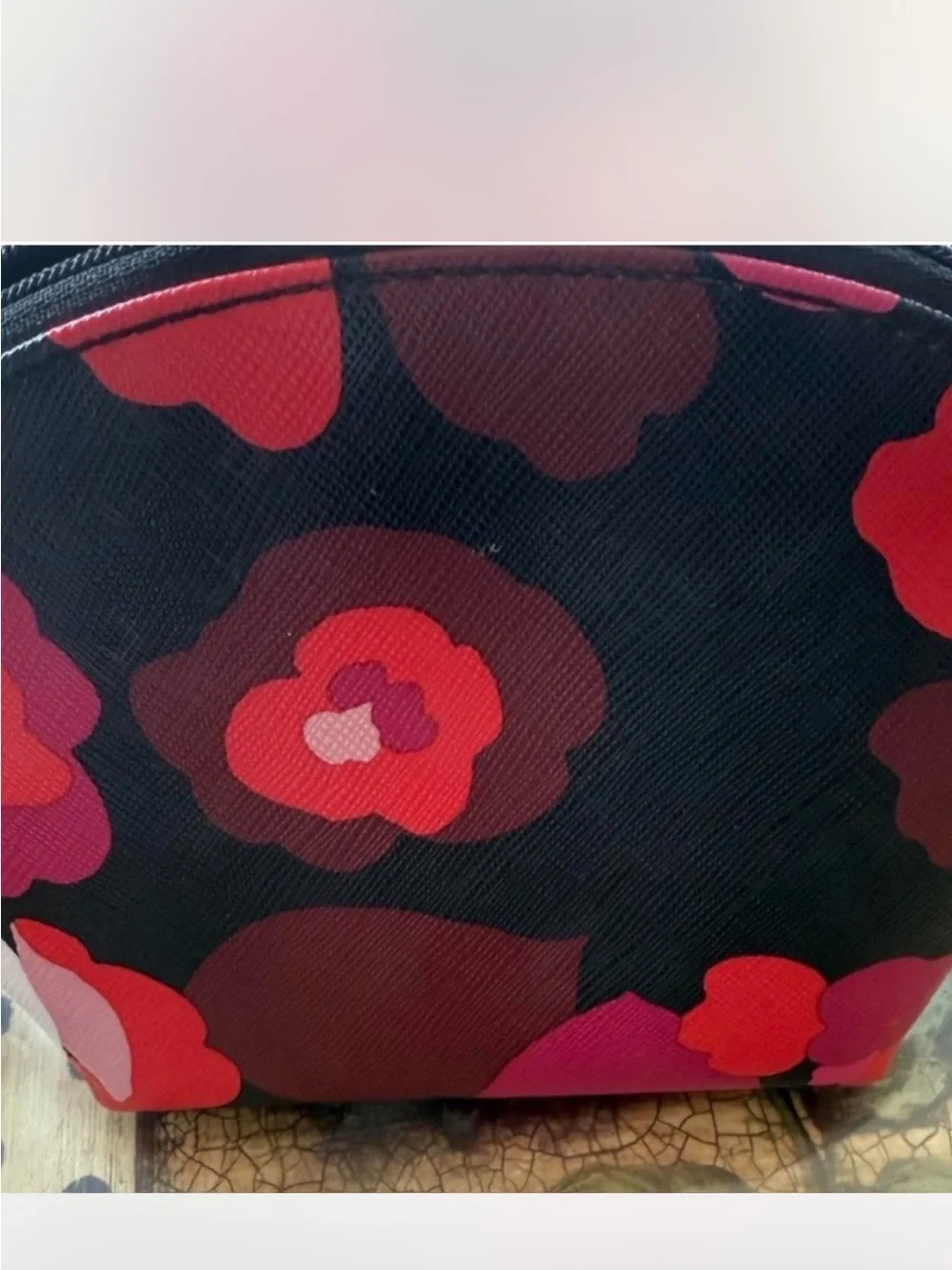kate spade Black Laurel way Floral Print Cosmetic bag with Red and Pink Accents